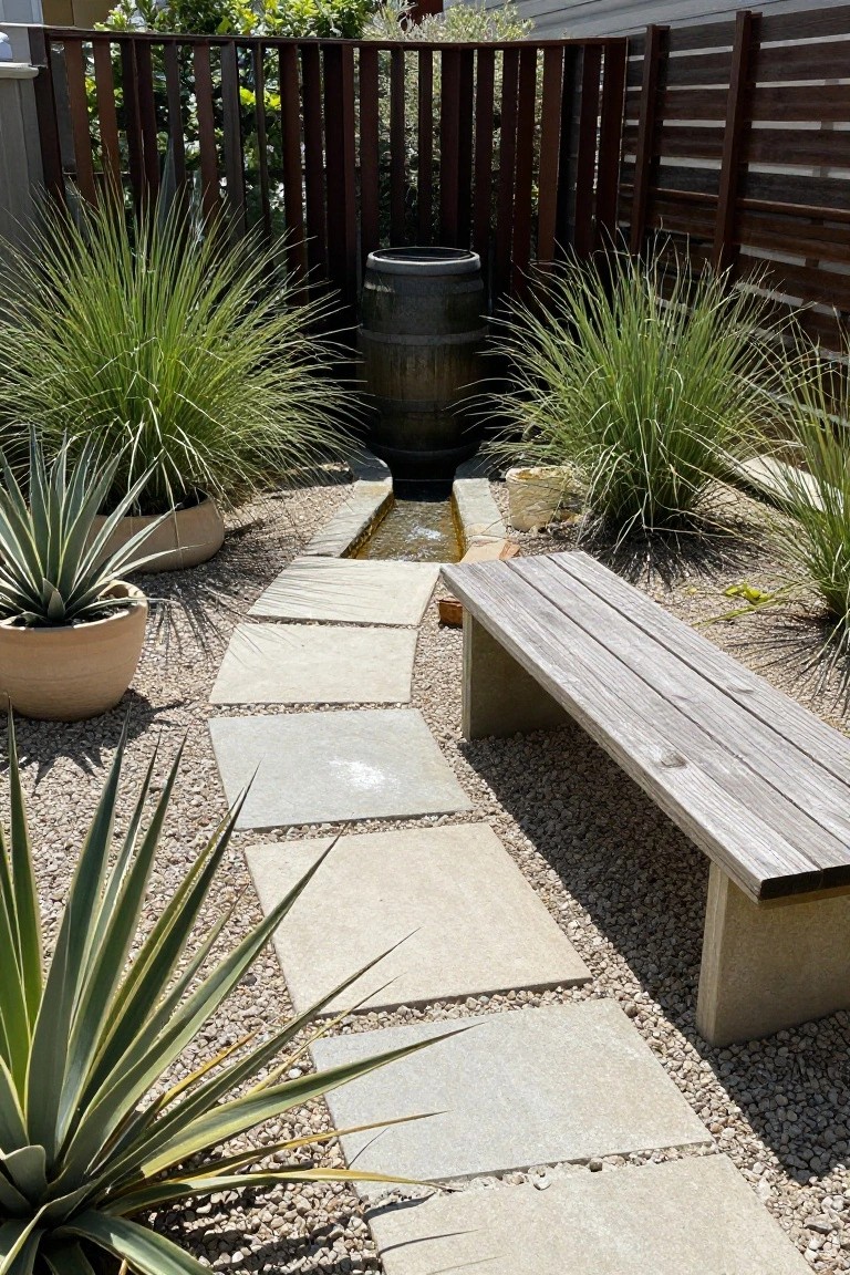 Backyard gravel garden with curved stepping stone path leading to wooden bench, surrounded by agave and grass plants, barrel fountain, and wood slat fence.