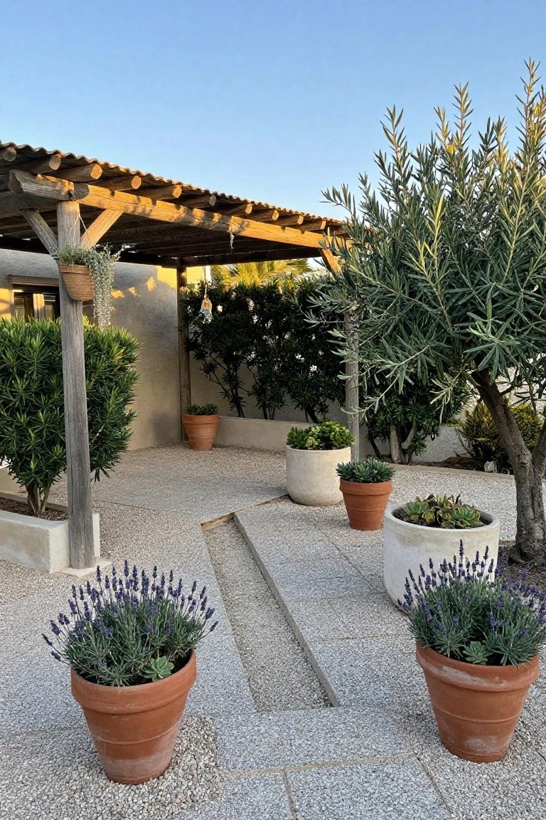 Outdoor gravel terrace with terracotta pots of lavender, concrete pots of succulents, olive trees, wooden pergola structure, white stucco walls, and potted plants around the edges.