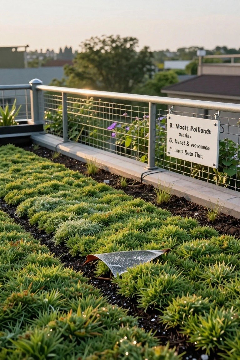 Rooftop garden featuring rows of low-growing green sedum plants, a dirt path between beds, a blue plastic tarp covering part of the soil, metal mesh railing, purple flowers nearby, and a sign listing plant names including pollinators and nests, with urban buildings and trees in the background at sunset.