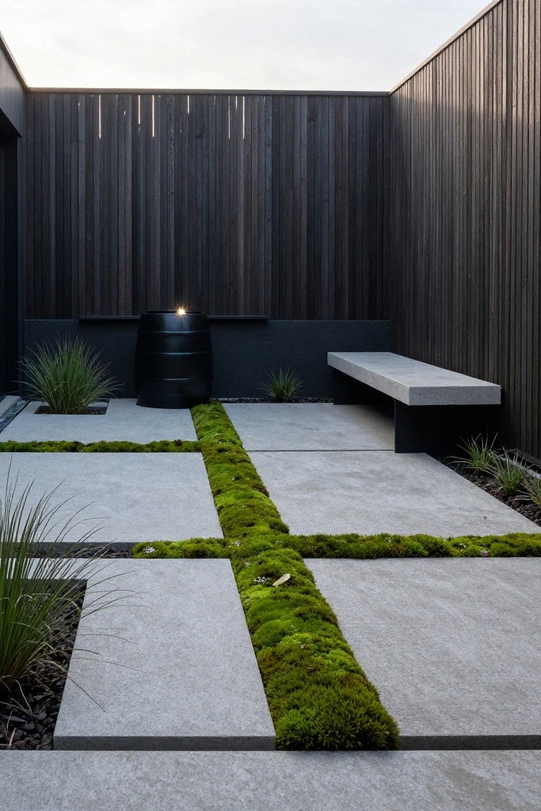 Modern courtyard with large gray concrete slabs in a grid pattern, green moss strips between slabs, potted grasses, black barrel planter with light, concrete bench, and dark timber fencing.