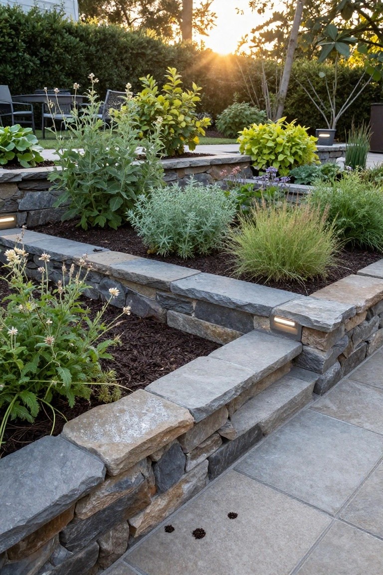 Tiered raised garden beds constructed from stacked natural gray stone walls, filled with various green plants, grasses, and mulch, alongside a paved stone path and low garden lights in a backyard setting.