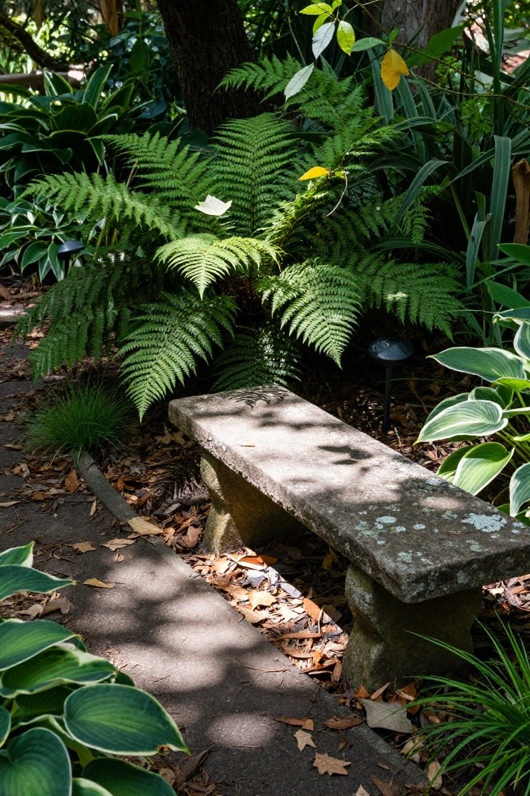 A weathered stone bench positioned on a mulched garden path amid dense ferns, hostas, and other green plants with dappled shade and fallen leaves around.