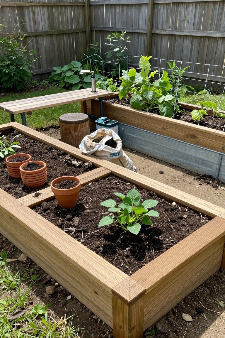 Backyard garden setup with multiple wooden raised beds filled with soil and young green plants, several stacked terracotta pots, a wooden bench and stool, soil bags, and a metal trough against a wooden fence.