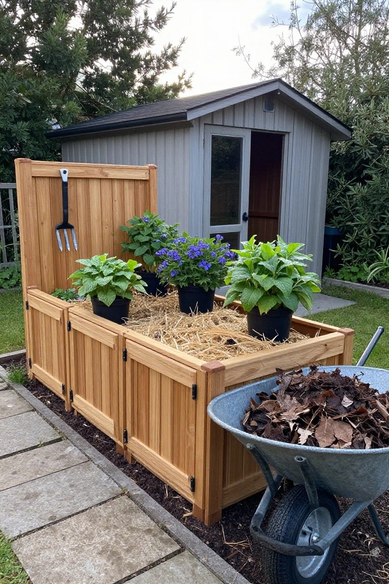 Wooden raised garden bed filled with straw mulch and black pots of green plants and blue flowers, positioned next to a gray shed with a wheelbarrow of leaves in a backyard.