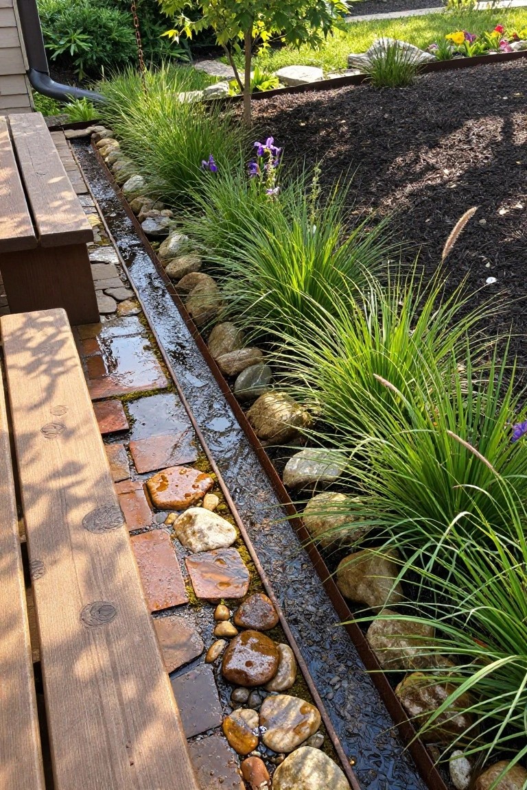 Garden bed edged with rusted metal containing a narrow channel of water over assorted rocks, surrounded by green ornamental grasses, purple irises, and mulch, adjacent to wooden benches and a black downspout.