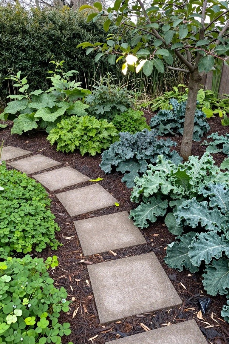 Curved path of square gray concrete stepping stones set into dark bark mulch beds surrounded by various green leafy plants including large kale leaves, clover, and other foliage near a tree trunk.