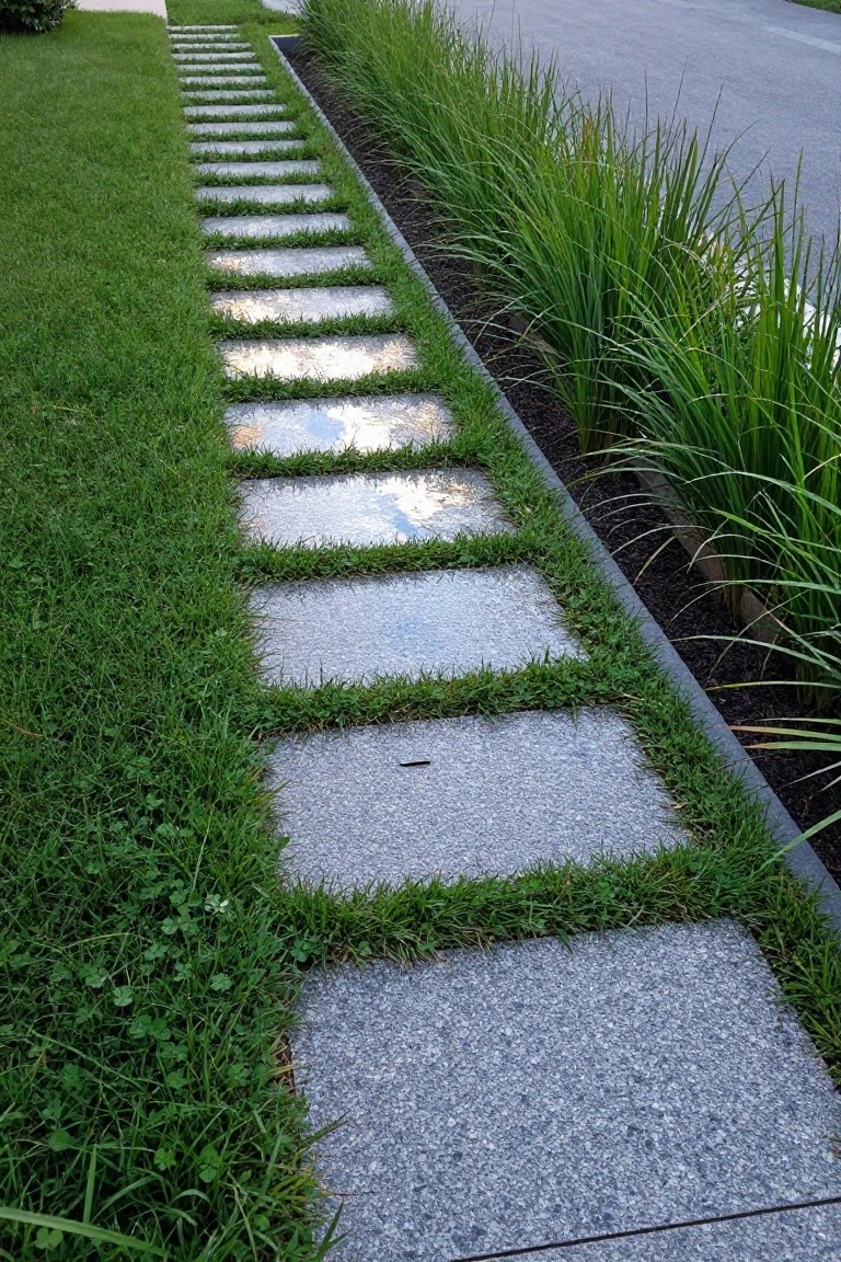 Square gray stepping stones set into a green lawn, spaced evenly with grass growing between them, bordered by tall ornamental grasses and mulch along a curb.