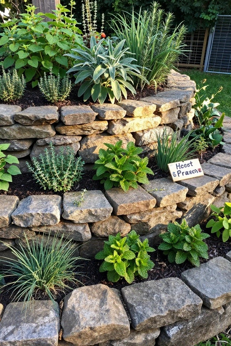 Multi-tiered circular dry-stacked stone wall garden bed planted with various green herbs including mint, rosemary, chives labeled "Hect," and parsley labeled "Praesens," in a grassy backyard with a wire fence nearby.