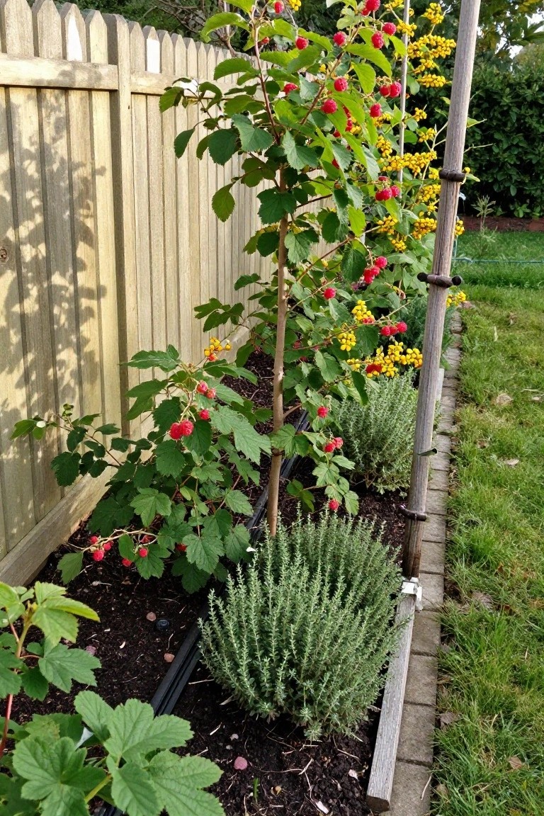 Raspberry bush with red fruit beside yellow flowers and green shrubs.