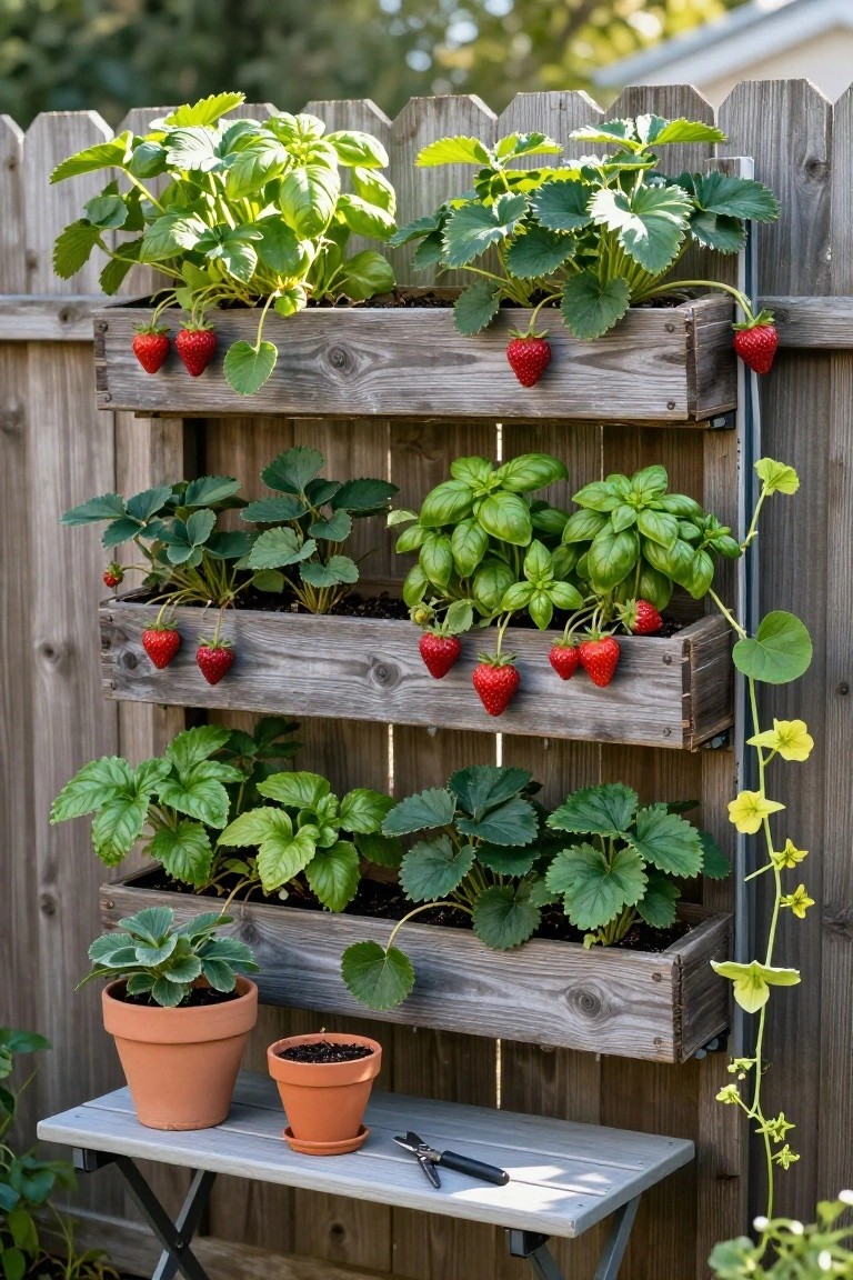 Tiered wooden planters mounted vertically on a wooden fence, filled with strawberry plants bearing red fruit, basil, and other greens, with two terracotta pots and garden tools on a small table in front.