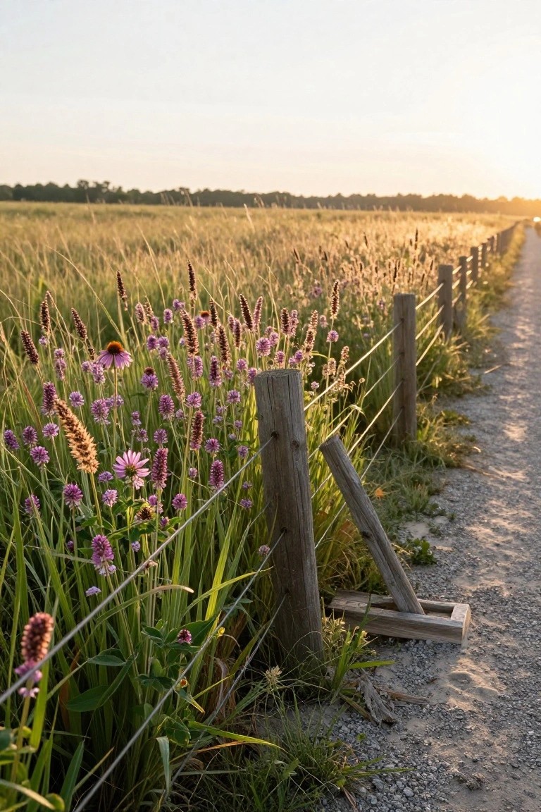 Gravel path running alongside a weathered wooden post-and-wire fence edged with tall golden grasses, pink flower spikes, and purple coneflowers in a field at sunset.