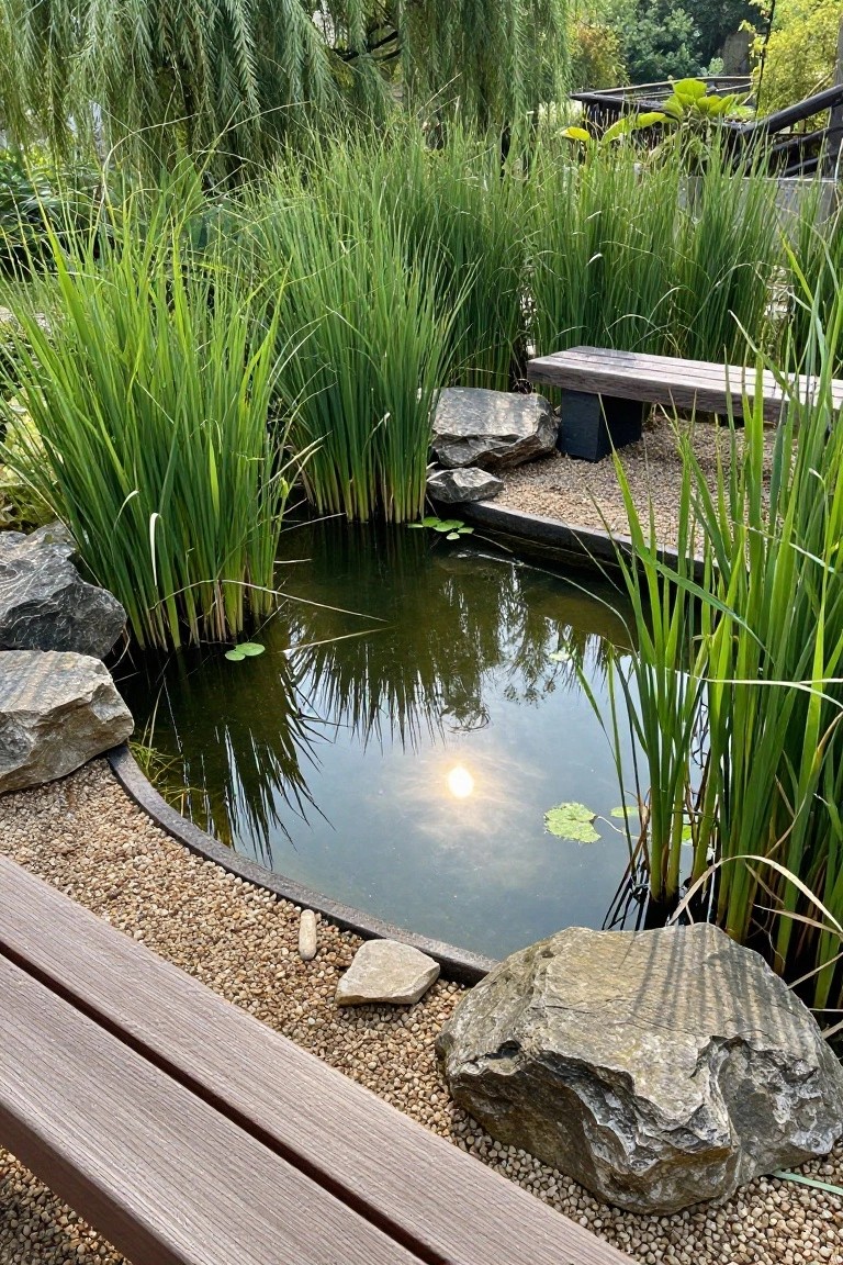 Small garden pond with dark water, floating lily pads, surrounded by tall green reeds, rocks, gravel edging, and wooden benches.