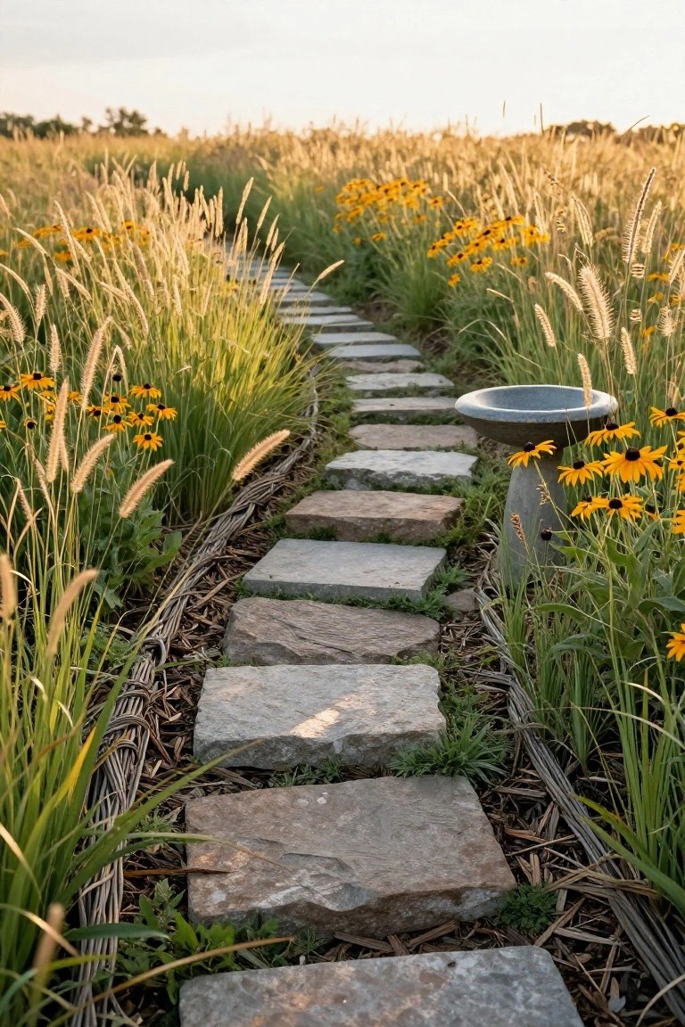 A winding path of irregular gray stone slabs through tall golden grasses and clusters of yellow black-eyed Susan flowers, with a gray pedestal birdbath positioned beside the path.