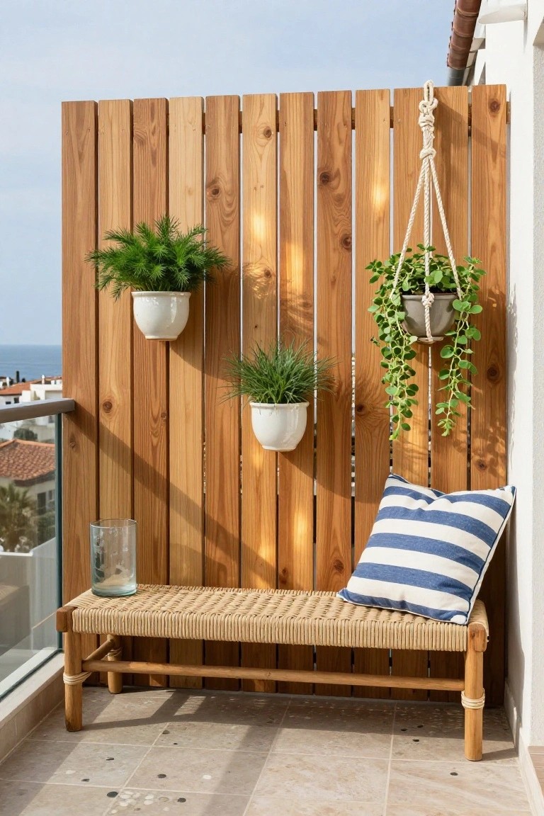 Wooden slat privacy screen on a sunny balcony with three white pots of green plants mounted on it, a rope-suspended trailing plant pot, a striped pillow on a rattan bench, glass vase on the bench, and ocean view beyond.