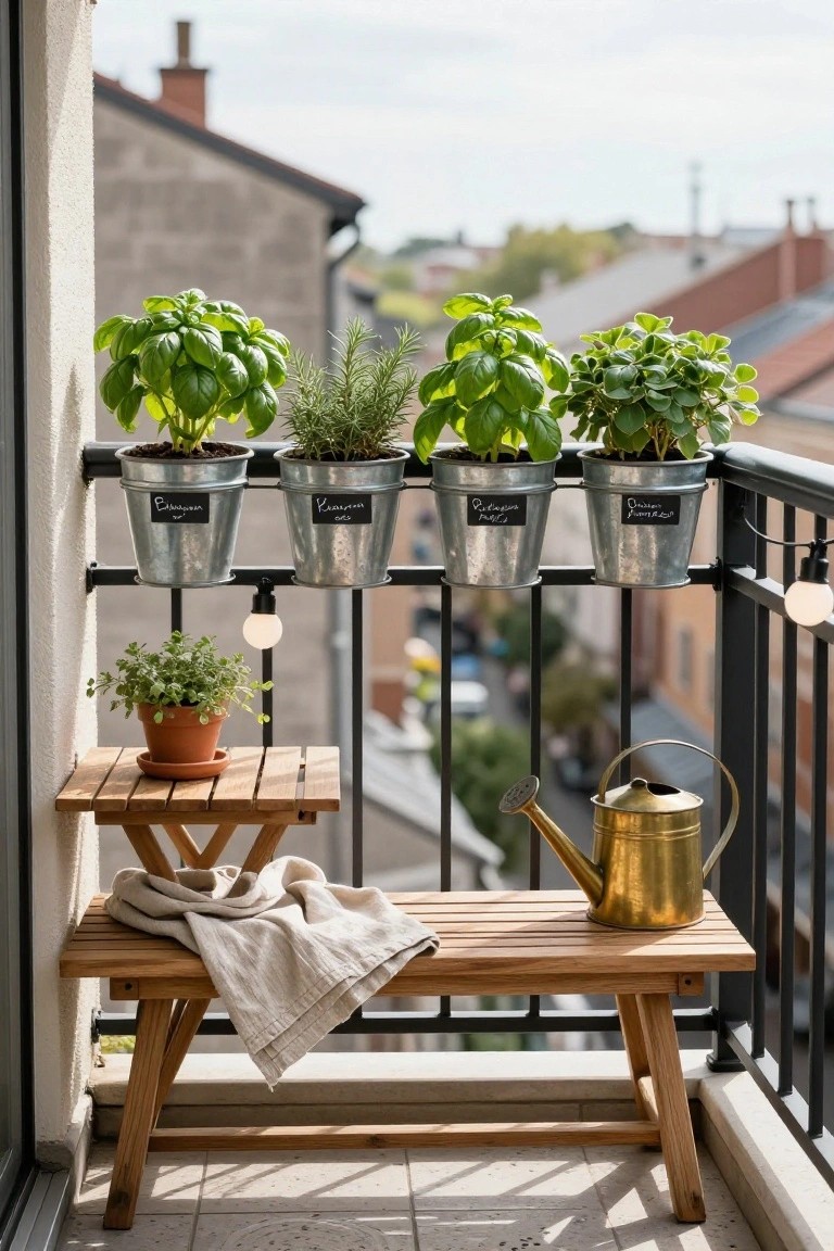 Balcony with potted herbs on railing, wooden bench, and brass watering can.