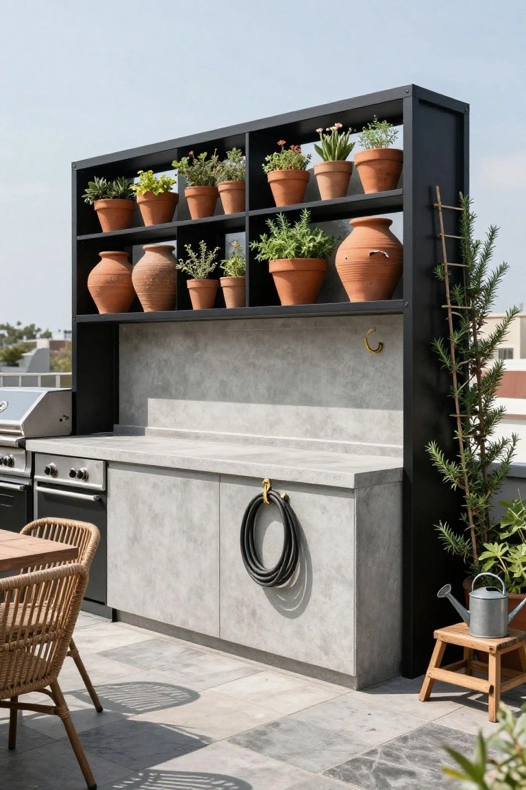 Rooftop terrace outdoor kitchen with black metal shelving unit filled with terracotta pots of herbs and plants, stainless steel grill and burners on gray countertop, coiled hose, rattan chair, watering can on stool, and potted plants nearby.