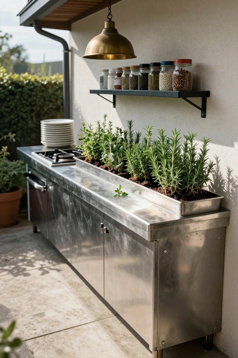 Stainless steel outdoor kitchen counter with built-in metal trough planter filled with rosemary and other herb plants, gas burner, stacked white plates nearby, spice jars on black shelf above, brass pendant light hanging overhead, potted plants on patio ground.