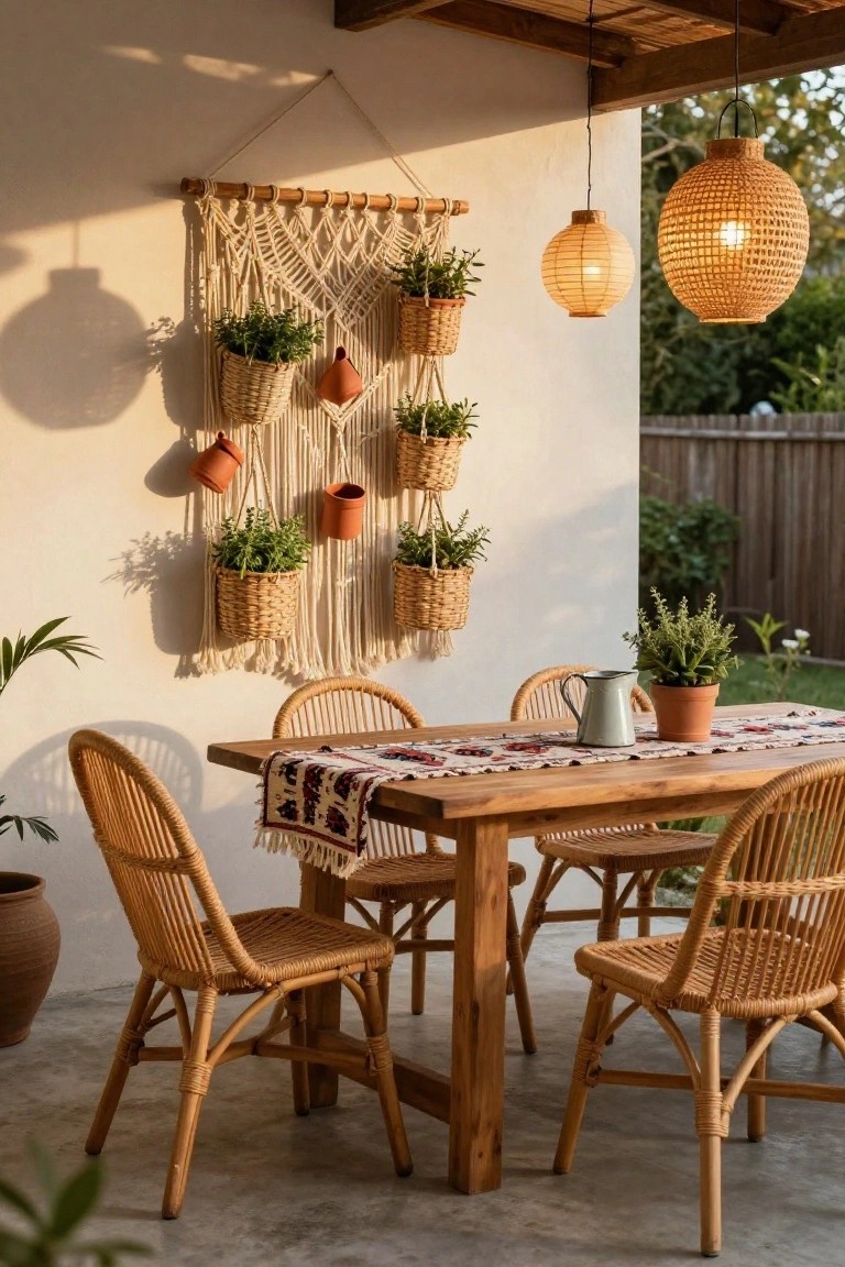 Covered outdoor patio with macrame wall hanging displaying multiple hanging wicker baskets and terracotta pots filled with herbs, wooden dining table with colorful runner and rattan chairs, rattan pendant lanterns, watering can, and potted plants nearby.