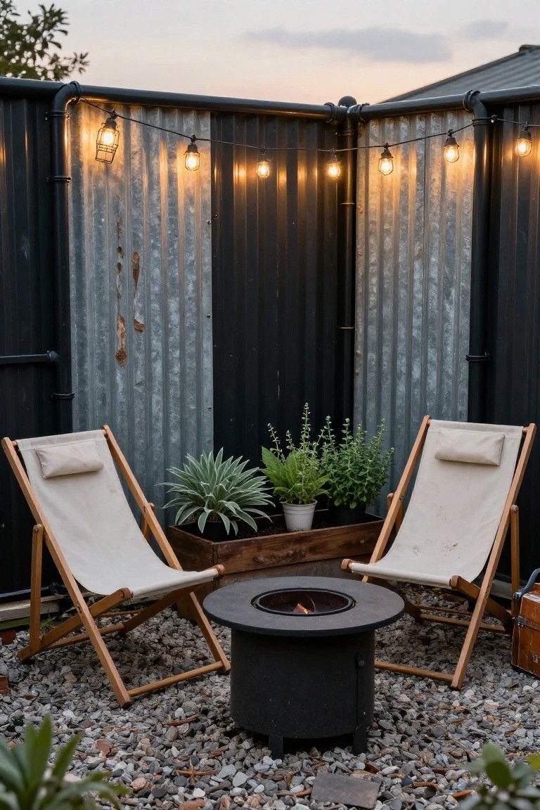 Two beige canvas reclining chairs face a round black fire pit table on a gravel patio, with a wooden crate planter containing agave and potted herbs placed against a tall corrugated metal fence, string lights hanging overhead.