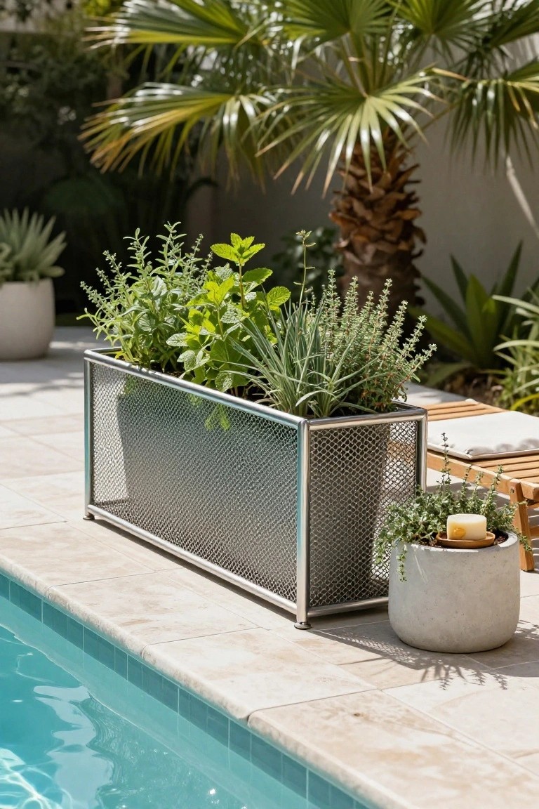 Stainless steel mesh rectangular planter box filled with herbs including mint, rosemary, and lavender positioned on a pool deck edge next to a swimming pool, lounge chair, small potted plant, and palm trees.