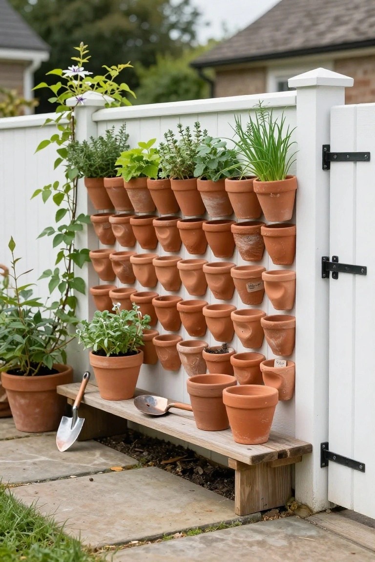 White wooden fence with rows of small terracotta pots mounted in metal brackets containing various herbs, a wooden bench at the base, garden trowel and scoop nearby, and loose plants on the ground.
