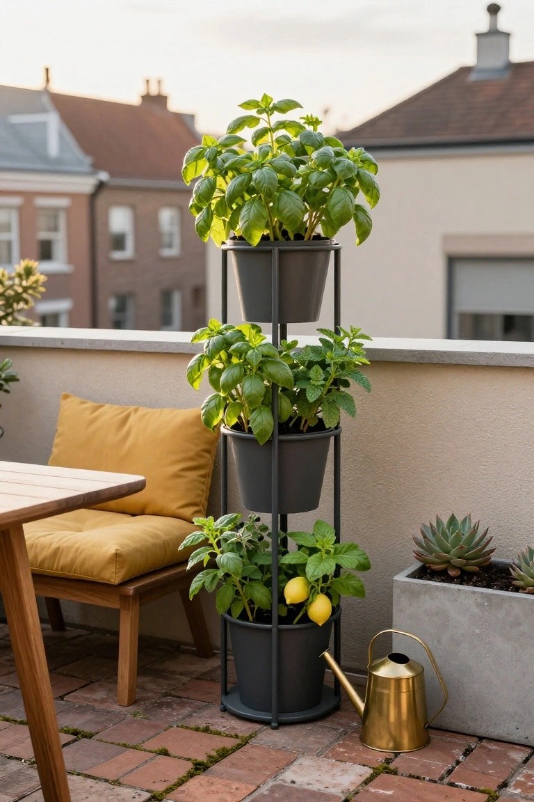 Three-tiered gray metal plant stand on a balcony holding pots of basil on each level, next to a wooden chair with yellow cushion, potted lemon tree, gold watering can, and succulent in concrete planter, with brick terrace floor and nearby buildings.
