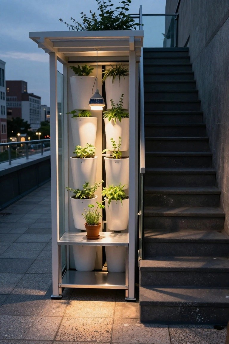 Tall freestanding metal enclosure with glass panels containing multiple shelves of white pots filled with green herbs, lit by a hanging white light, positioned next to dark concrete stairs on a paved urban terrace at dusk.