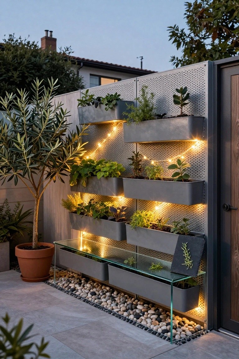 Perforated gray metal wall with tiered rectangular planters filled with herbs and small plants, illuminated by white string lights, next to a glass table on pebbles and an olive tree in a terracotta pot on a paved patio.
