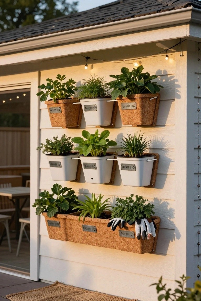 White shed wall with multiple wall-mounted cork and white planters filled with herbs like basil and mint, labeled with metal tags, string lights overhead, gardening gloves hanging from one pot, and patio furniture nearby.