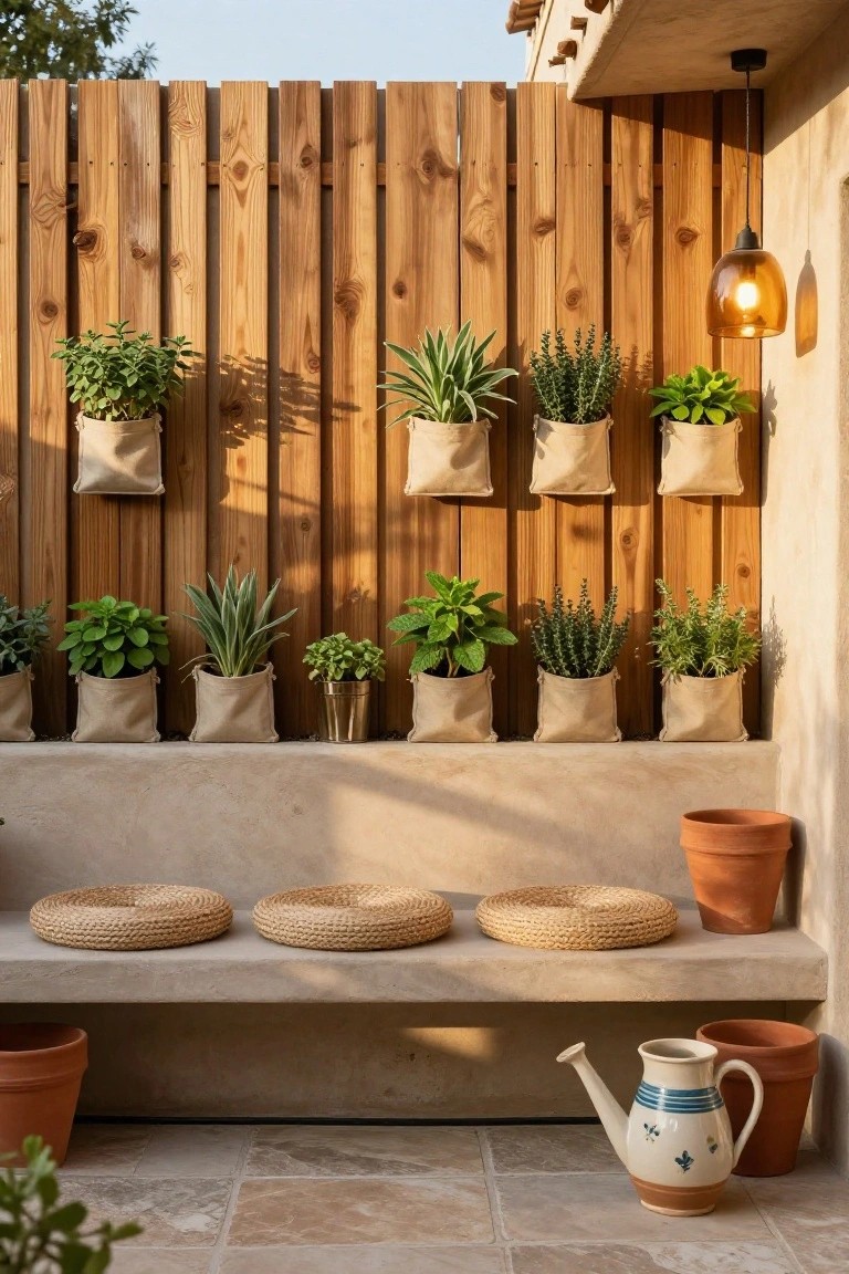Wooden fence lined with beige fabric pockets containing various herb plants, adjacent to a low concrete bench with three woven seagrass mats, terracotta pots, and a blue-striped watering can on a tiled outdoor patio.