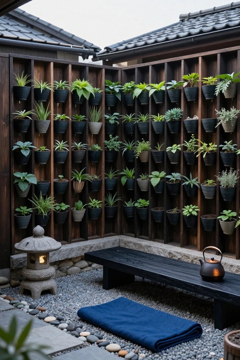 Wooden slatted fence in a Japanese-style courtyard covered with dozens of potted green herbs and plants in vertical rows, stone lantern, black bench, blue mat on gravel ground, and lit metal lantern nearby.