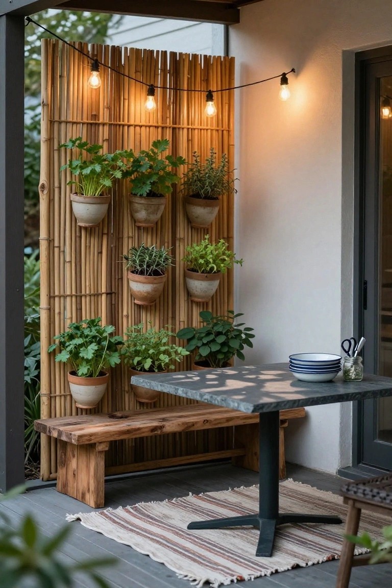 Bamboo privacy screen on an outdoor patio wall with multiple hanging terracotta pots of herbs including parsley and rosemary, adjacent to a gray metal table with stacked white bowls, wooden bench, striped rug, and string lights overhead.