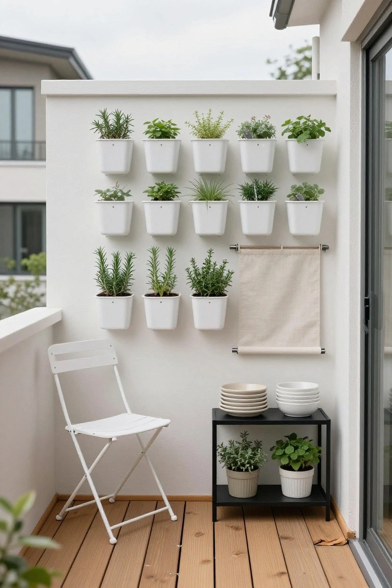 White balcony wall with multiple rows of round white wall-mounted planters filled with herbs such as rosemary and basil, a folded white chair, black metal shelf holding potted plants and stacked white plates, wooden deck floor, and beige fabric hanging below a glass door.