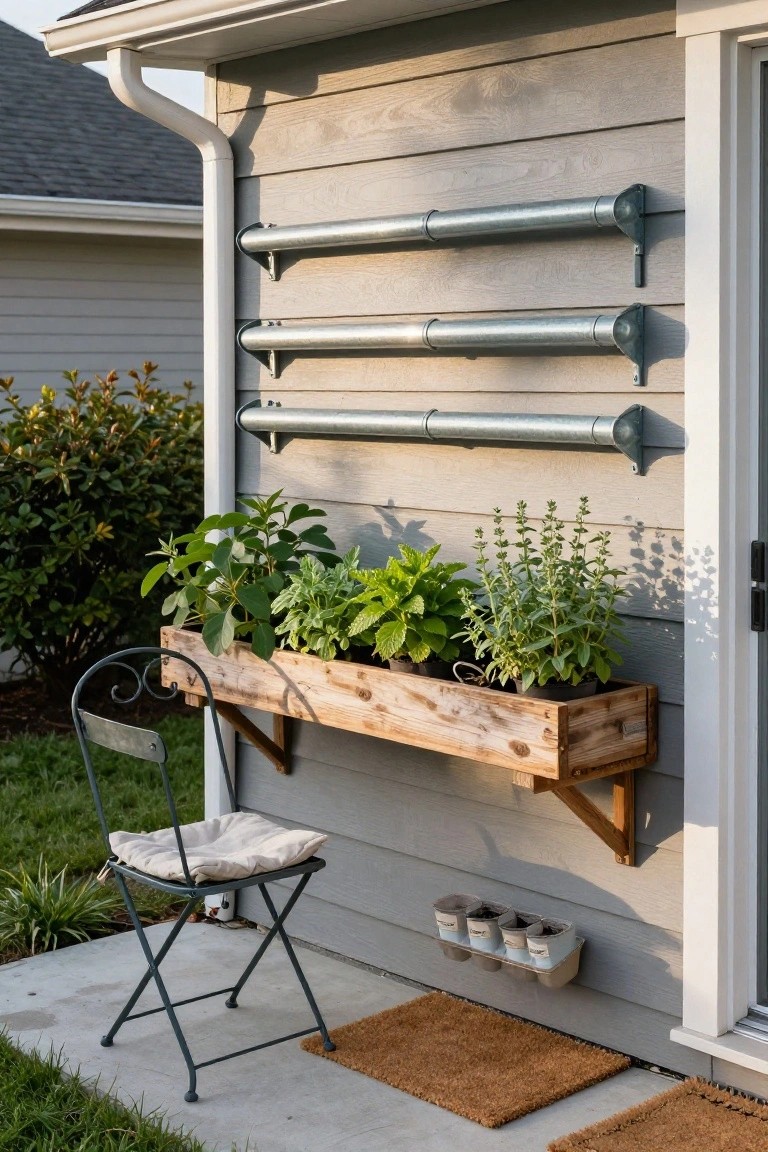 Gray house siding with three horizontal galvanized pipes mounted as planters holding small green herbs, a wooden planter box with more herbs below it, a metal chair nearby, and small pots on the ground near the door.