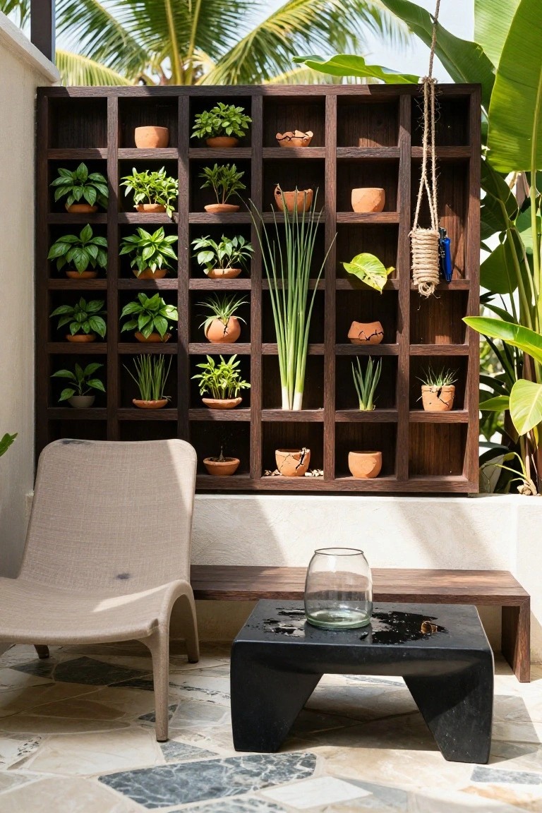 Tall wooden grid shelf on a white outdoor wall filled with terracotta pots of herbs, grasses, and plants, beside a beige lounge chair, black table with glass, on a tiled patio with tropical plants and palms behind.