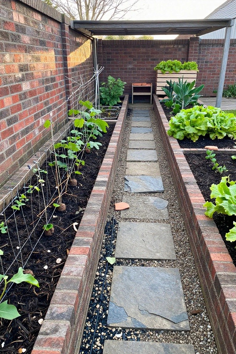 Narrow irregular stone pathway between two parallel brick raised beds filled with young vegetable plants including climbing vines on wire supports and leafy greens against a brick wall.
