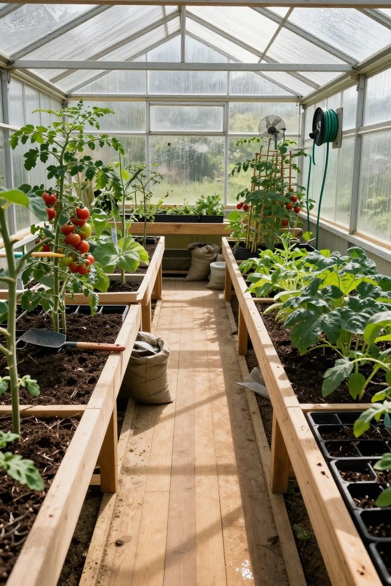 Greenhouse interior with wooden raised beds along a central wooden path, containing tomato plants, leafy greens, squash, seedlings, tools, bags of soil, a fan, and hose reel.