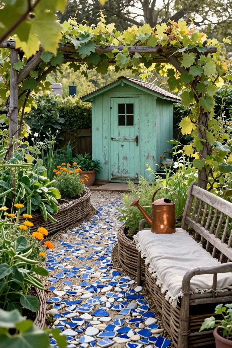 A winding path of gravel and blue-white mosaic tiles leads to a small green garden shed, bordered by raised wicker planters filled with vegetables and flowers, under a grapevine-covered wooden arbor with a wooden bench and copper watering can.