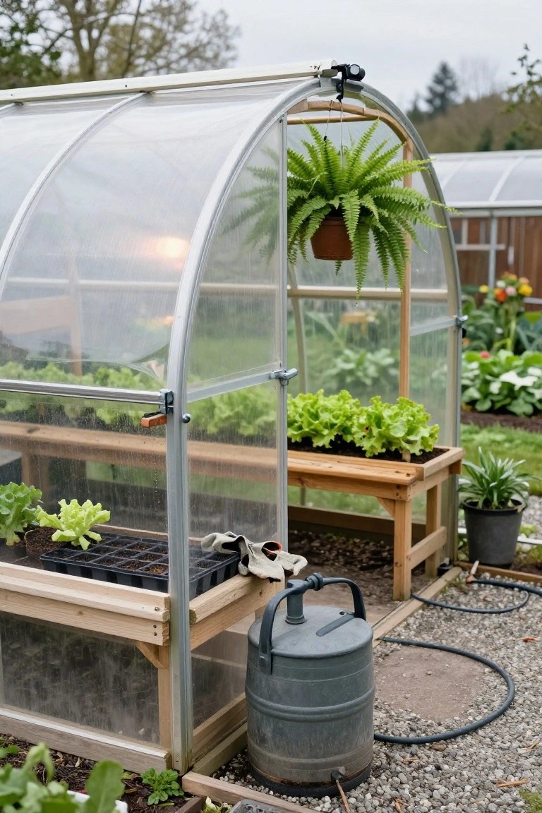 A small arched hoop house greenhouse in a backyard with raised wooden beds growing lettuce and seedlings, a hanging potted fern, wooden benches, and a gray metal watering can nearby.