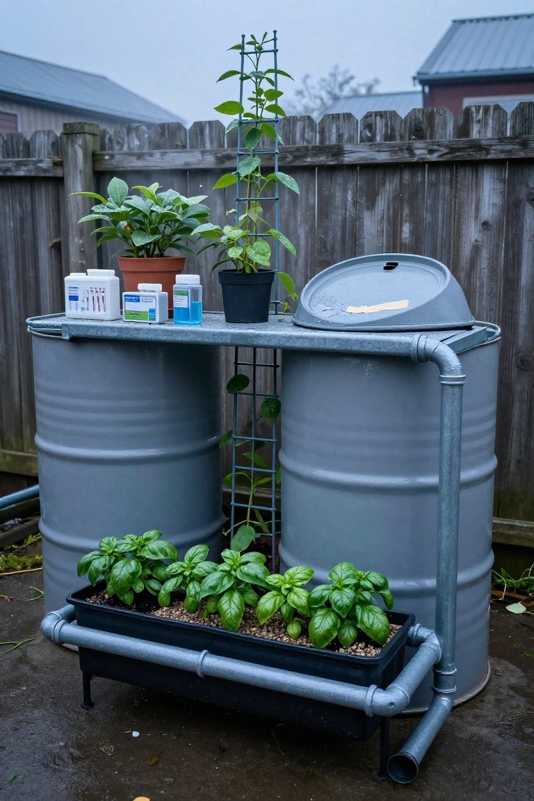 Two gray 55-gallon barrels connected by a metal frame and pipes forming a vertical garden tower, with basil plants in a bottom tray, potted plants on a shelf including a vine on a trellis, and nutrient bottles on the shelf, set in a fenced backyard on a wet ground.