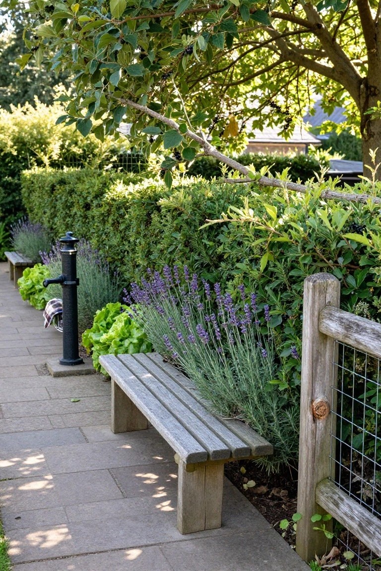 Stone garden path lined with lavender, leafy green plants, and silvery foliage next to a tall hedge fence, with a black hand water pump, wooden bench, and wire fence post.