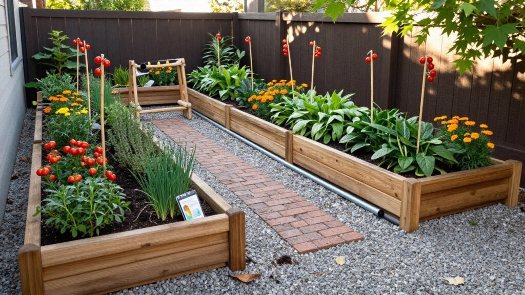 Backyard with multiple wooden raised garden beds containing vegetables like tomatoes and herbs, gravel paths between beds, and a brick walkway.