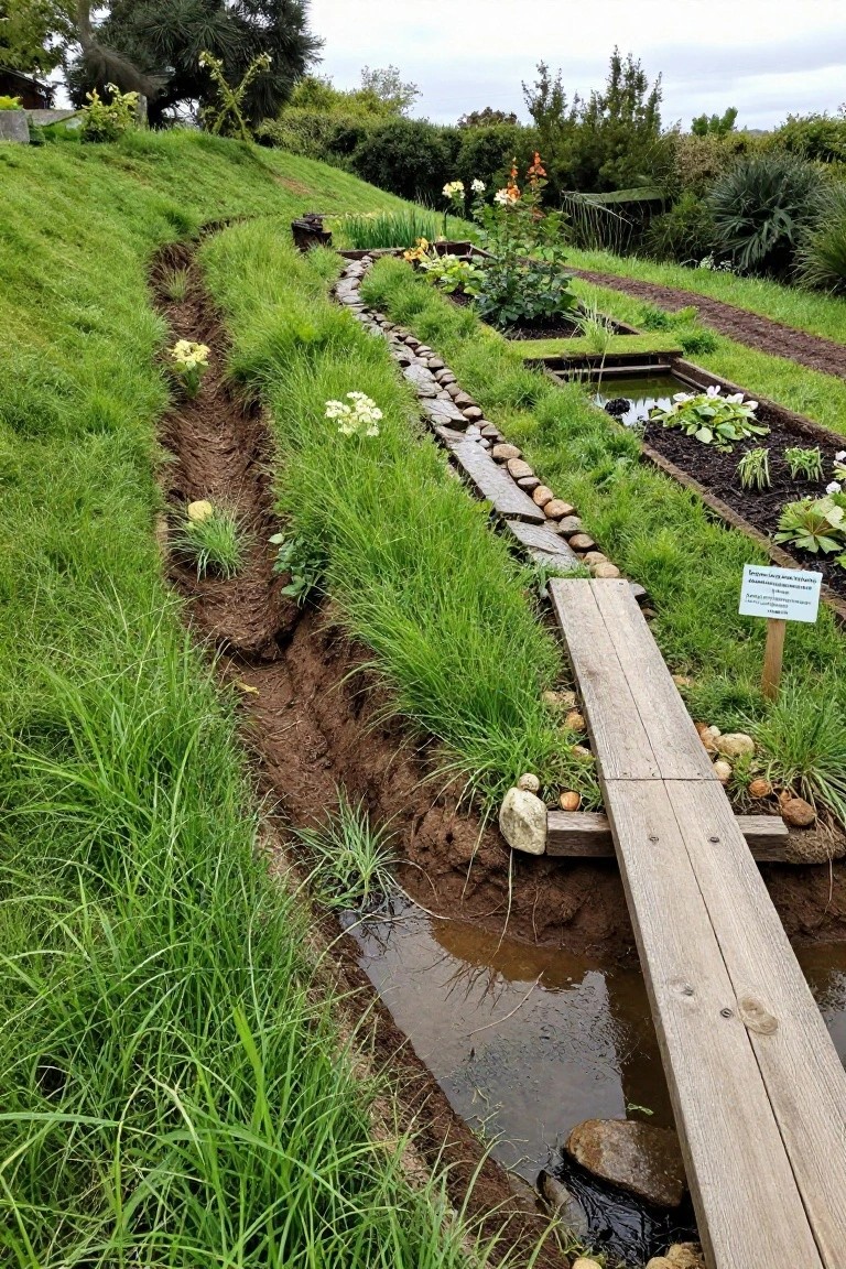 Grassy hillside garden with a narrow water-filled swale edged in rocks, crossed by a wooden footbridge, adjacent to raised planting beds and various flowers and vegetables.