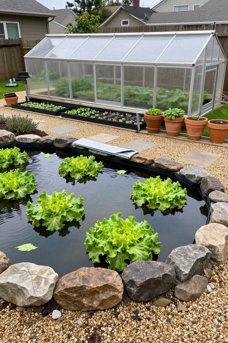 A backyard garden with a glass greenhouse containing plants, black raised beds with seedlings, potted herbs and vegetables, and a circular black-lined pond surrounded by rocks containing several floating heads of green lettuce.