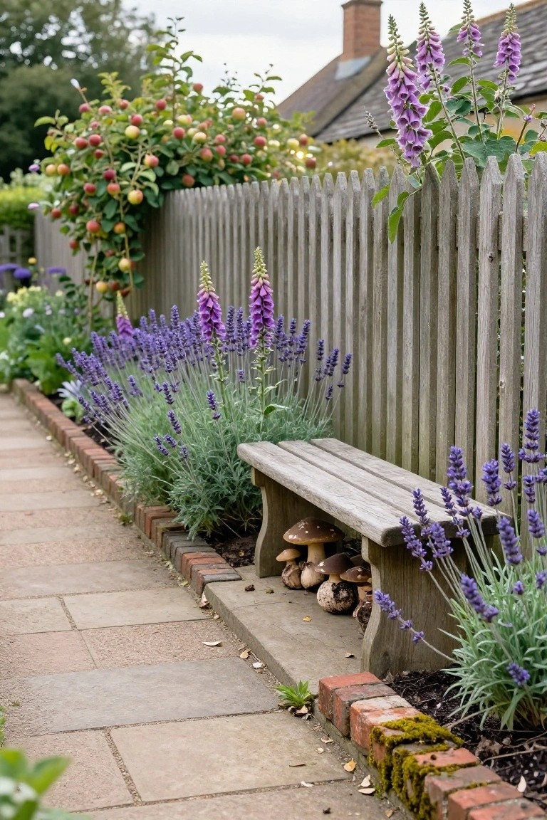 Wooden garden bench integrated into a lavender planting bed along a brick-edged stone path, with mushrooms growing underneath, foxgloves nearby, and an apple tree against a picket fence.
