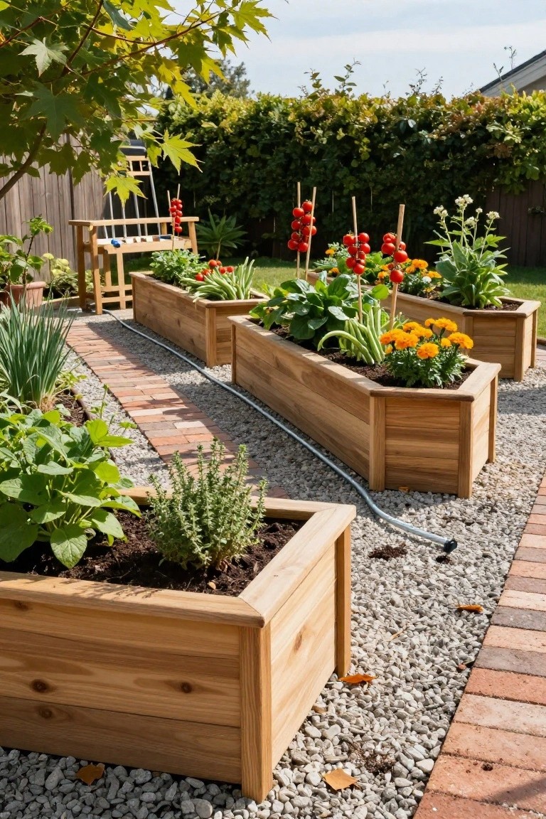 Backyard with multiple wooden raised garden beds containing vegetables like tomatoes and herbs, gravel paths between beds, and a brick walkway.