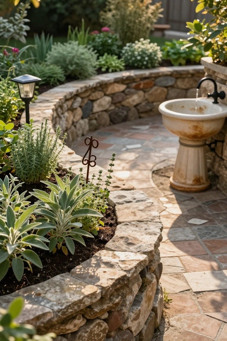 Curved dry-stacked stone wall forming raised garden beds planted with herbs including sage, rosemary, and thyme, next to a weathered white pedestal sink with running water from a black faucet, brick paver path, and solar lantern in a backyard garden.