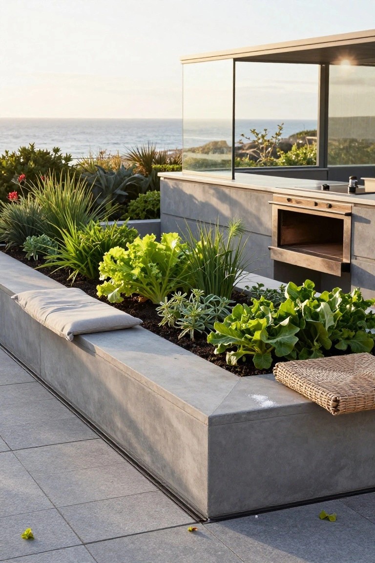 Modern concrete planter with leafy greens and ocean-view outdoor kitchen.