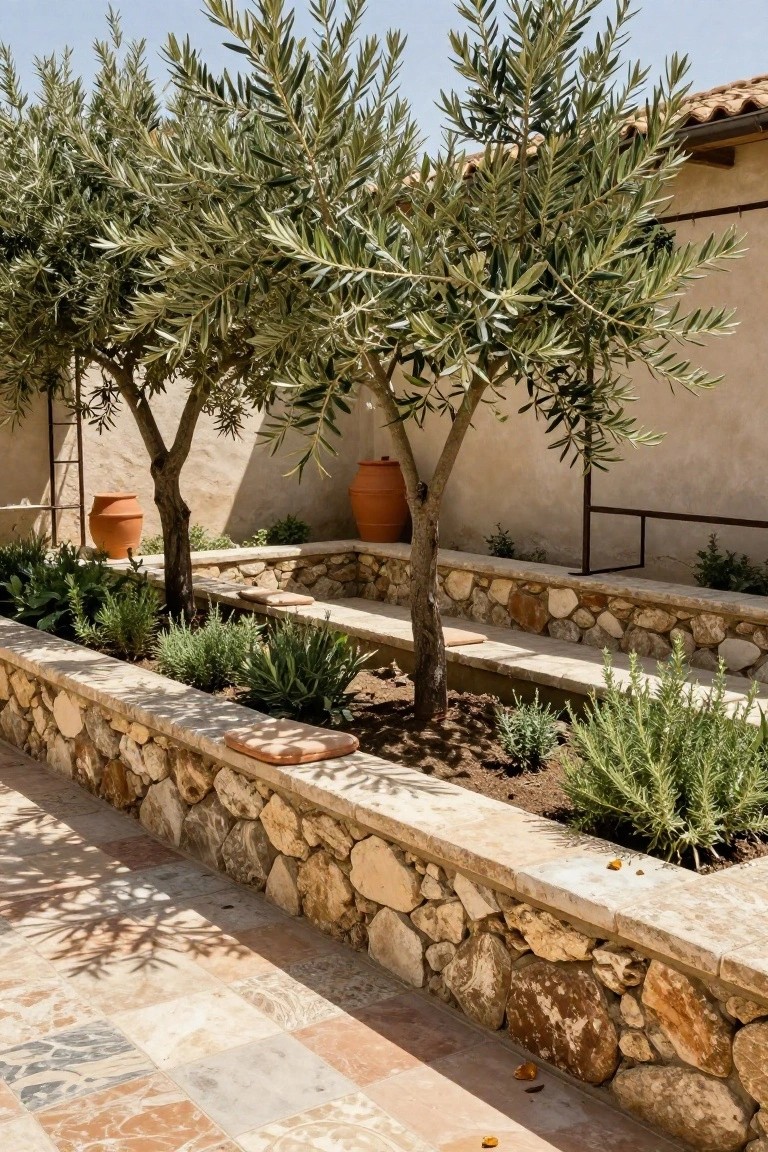 Raised stone garden beds containing olive trees, herb plantings like rosemary, terracotta pots, and a stone pathway with cushions beside a stucco wall.