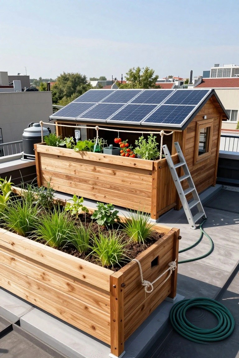 Rooftop terrace with multiple wooden raised planters containing vegetables such as tomatoes and herbs, a small wooden shed topped with solar panels, an aluminum ladder leaning against the shed, and a green hose coiled nearby amid urban rooftops.